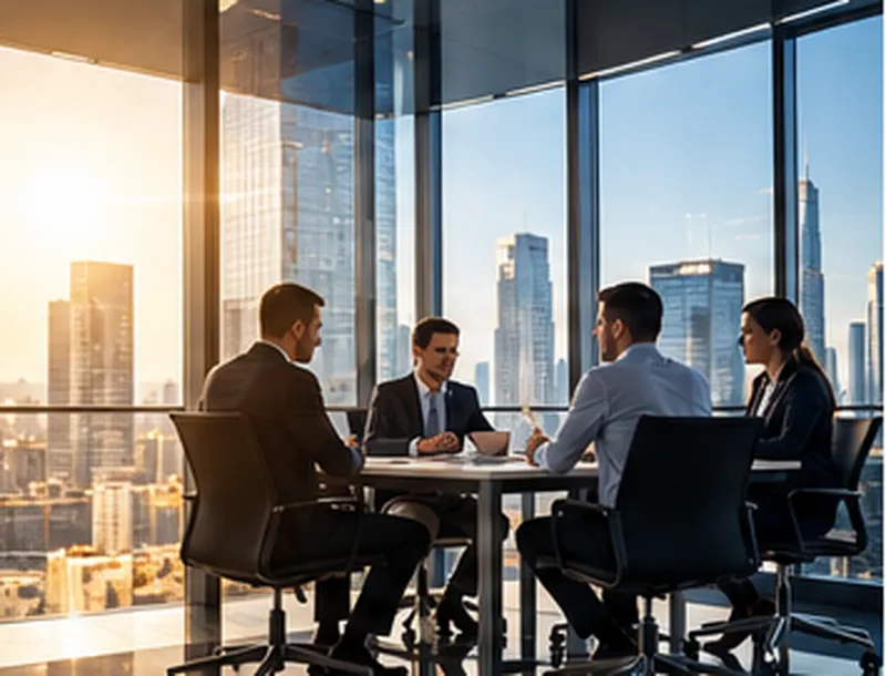 Business consultants discussing technology strategy in a modern meeting room