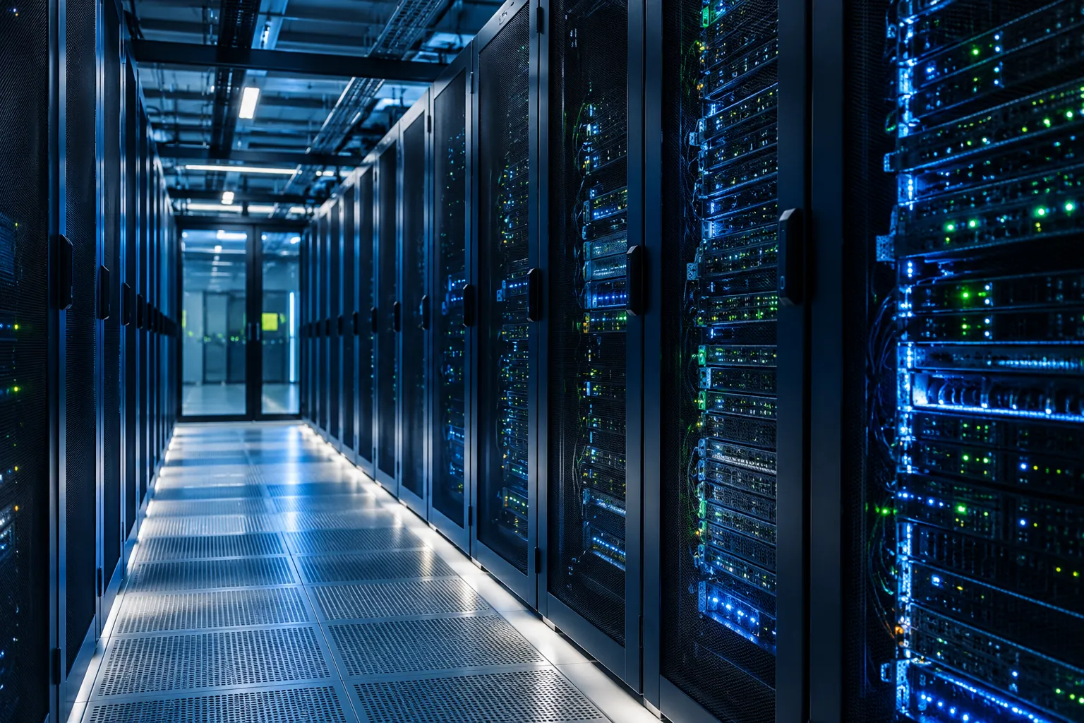 Modern data centre infrastructure with illuminated server racks