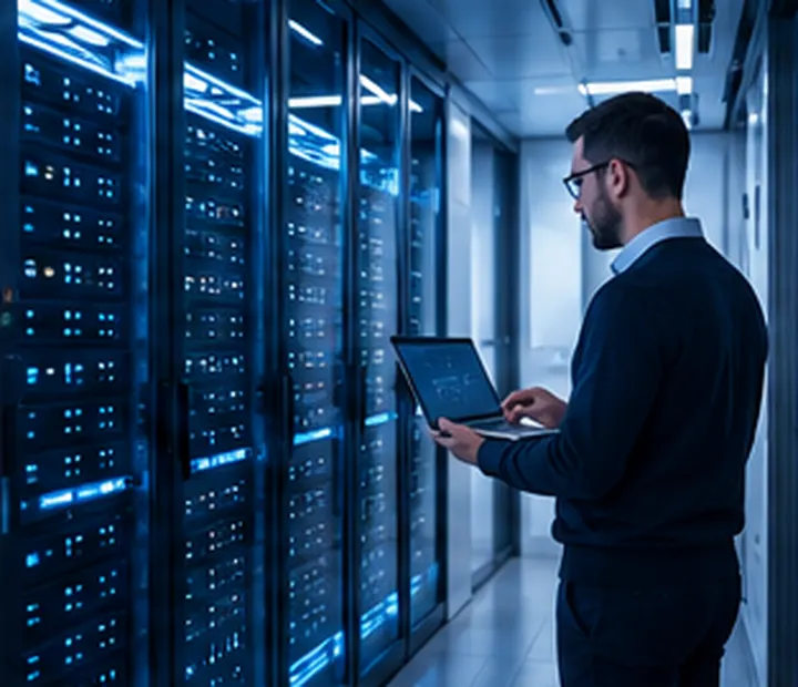 Technology professional working alongside data centre servers